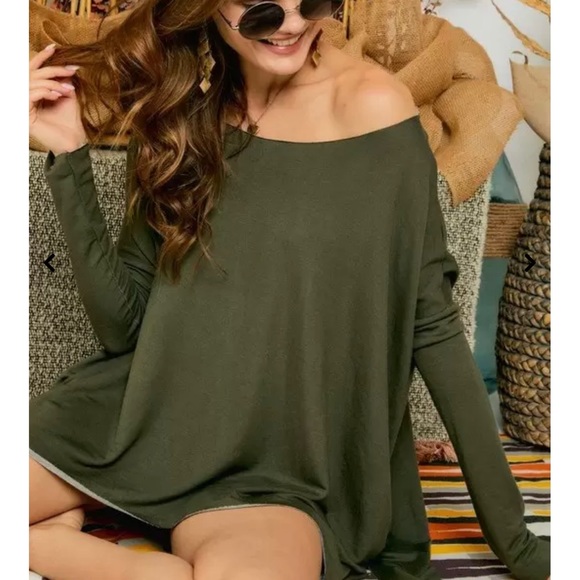 NWT Adora Solid Olive Green Boat Neck Split Side Asymmetrical Long Sleeve Top - Picture 5 of 17